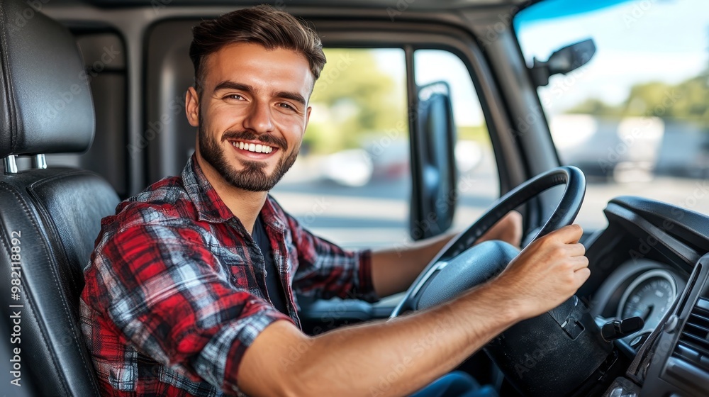 Smiling Young Man Driving a Truck. Trucker in a Modern Truck Cabin. Transportation and Delivery. Smiling Young Man Driving a Truck. Trucker in a Modern Truck Cabin. Transportation and Delivery.