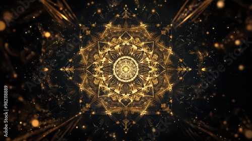 A geometric mandala design in gold placed on a rich dark background with subtle light reflections