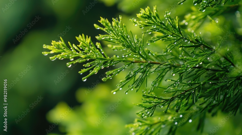 Green asparagus sprengeri tree with morning dew clinging to its delicate needle-like leaves, highlighting the fresh, natural beauty of the plant. Green asparagus sprengeri tree with morning dew clinging to its delicate needle-like leaves, highlighting the fresh, natural beauty of the plant.