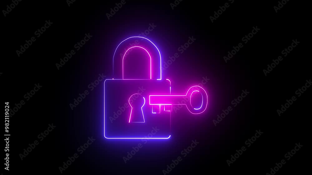 Lock logo and key icon icon animation with neon glowing lines on a black background. Lock logo and key icon icon animation with neon glowing lines on a black background.