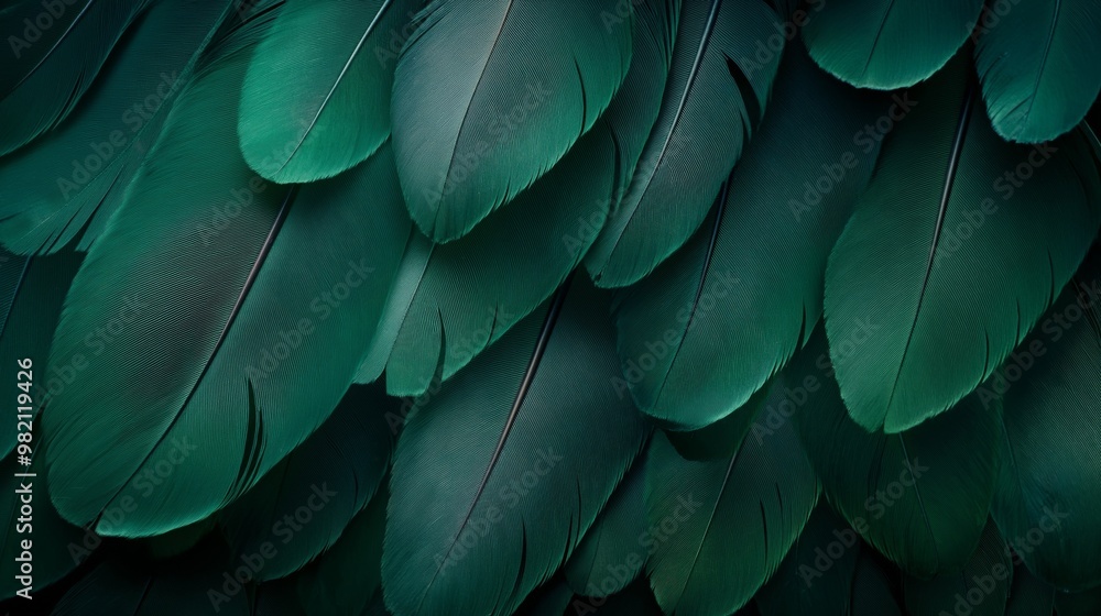 Obraz premium A close-up view of dark green feathers with a smooth texture, creating a deep, rich pattern of overlapping feathers in a natural and harmonious arrangement