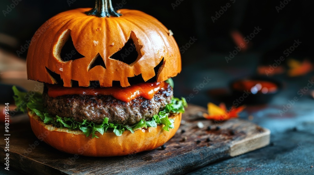 Halloween burger with a pumpkin-head roll and thick beef patties, designed for the spooky season. A creative and festive food idea for holiday parties. Halloween burger with a pumpkin-head roll and thick beef patties, designed for the spooky season. A creative and festive food idea for holiday parties.
