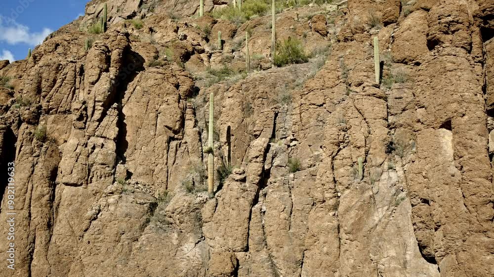 Drone shot rising up to show saguaro cacti growing out of rocky cliffside Drone shot rising up to show saguaro cacti growing out of rocky cliffside