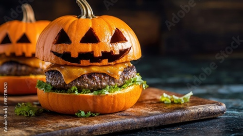 Halloween burger with a pumpkin-head roll and thick beef patties, designed for the spooky season. A creative and festive food idea for holiday parties. photo