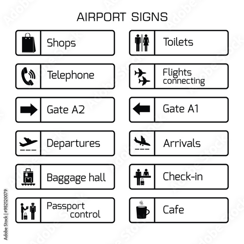 signs to direct people to a place, corridor, room, gate, at the airport