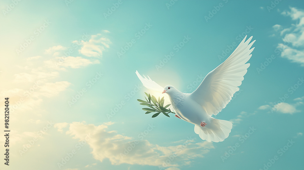 Obraz premium International Day of Peace, Photorealistic dove flying in the sky, Soft light blue and white clouds in the background, Calm and serene atmosphere, Vibrant sky and gentle lighting