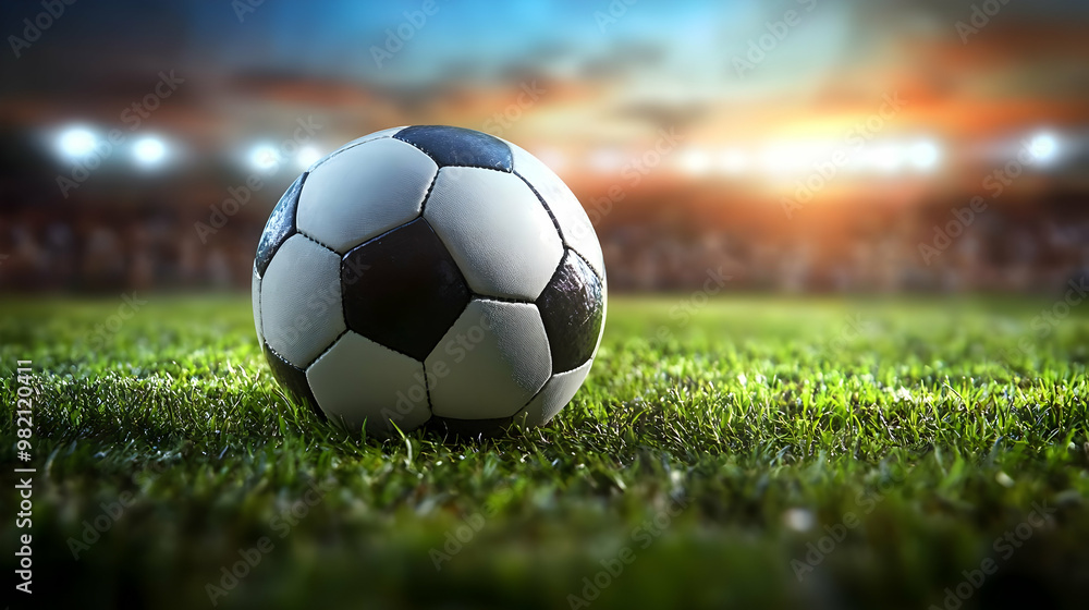 Obraz premium A Close-Up of a Soccer Ball on a Green Grass Field with Blurred Lights in the Background