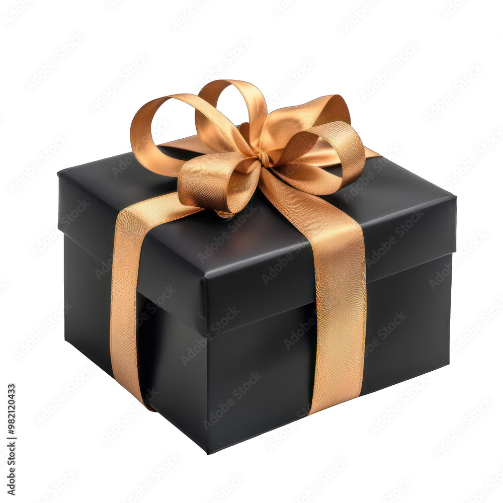 Obraz premium A black gift box adorned with a golden ribbon and bow, perfect for special occasions.