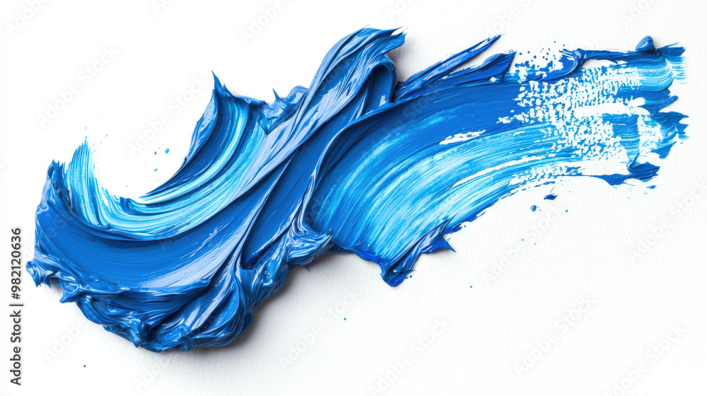 An element for the design. Abstract blue wave painted by hand on a white background. Expressive textural smear of blue paint on a white background. The brush stroke turns out to be long An element for the design. Abstract blue wave painted by hand on a white background. Expressive textural smear of blue paint on a white background. The brush stroke turns out to be long