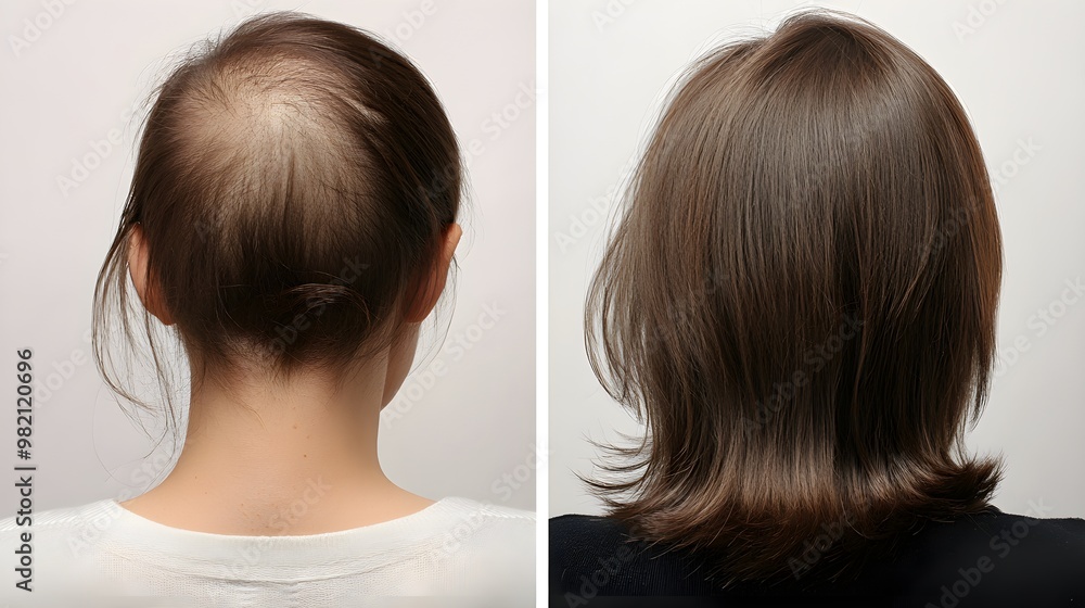 Fototapeta premium Before-and-after hair loss treatment photos, showing thin, patchy hair pre-treatment and substantial regrowth and thickness after 6 months of progress