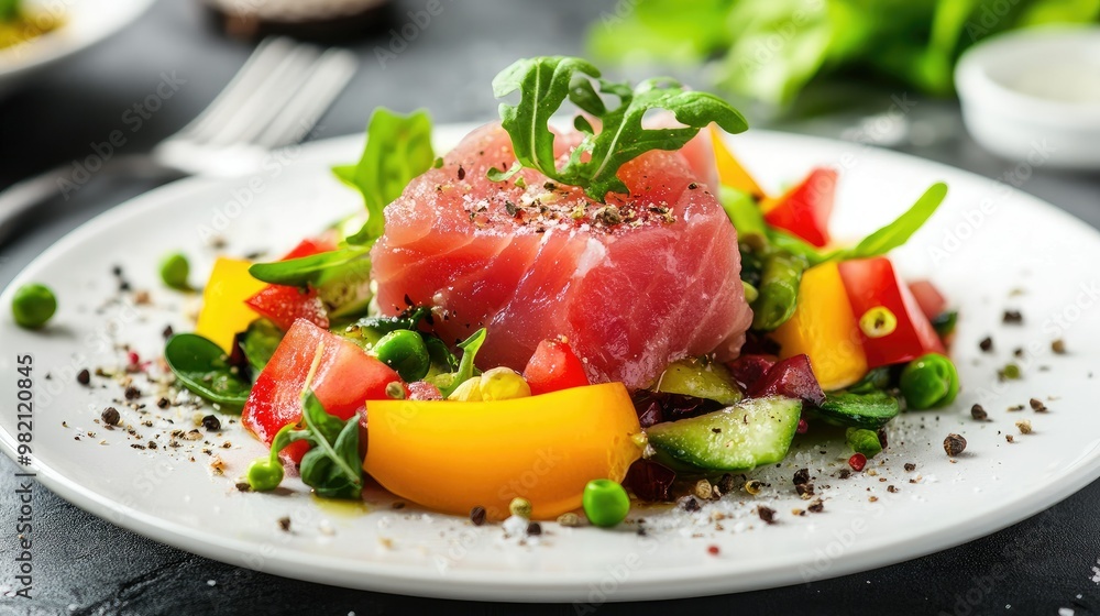 Healthy raw tuna meat served with a vibrant vegetable salad on a white plate, creating a colorful, fresh, and clean-eating dish. Healthy raw tuna meat served with a vibrant vegetable salad on a white plate, creating a colorful, fresh, and clean-eating dish.