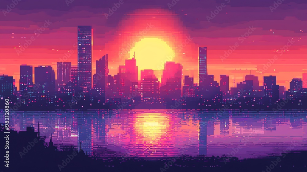 Fototapeta premium A pixelated cityscape with a bright, orange sunset reflected in the water.