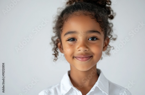 A young African girl bright smile stands out against a white background, highlighting her natural beauty and pure innocence in this charming portrait.