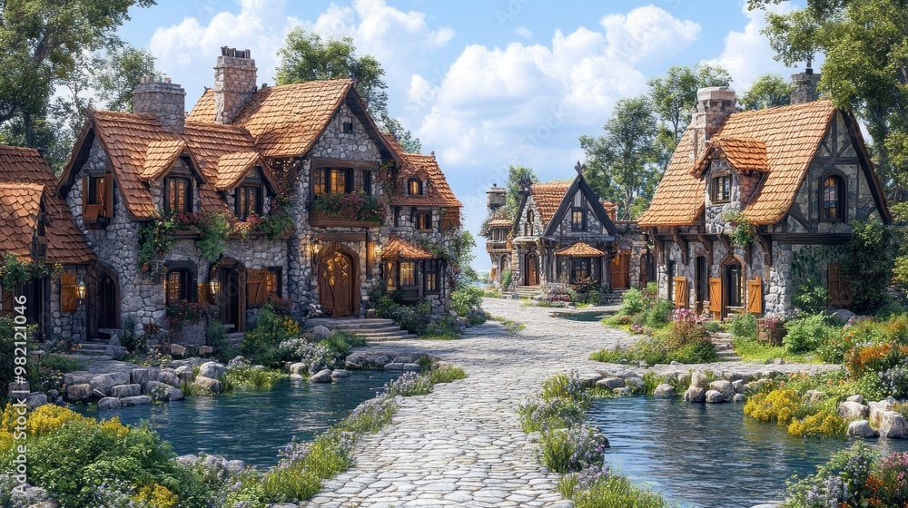 Charming village with stone houses and a serene waterway. Charming village with stone houses and a serene waterway.