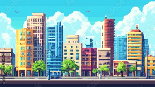 Pixel art city skyline with colorful buildings and blue sky.