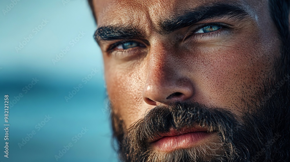 Obraz premium Close up of a man's face with a beard and blue eyes.