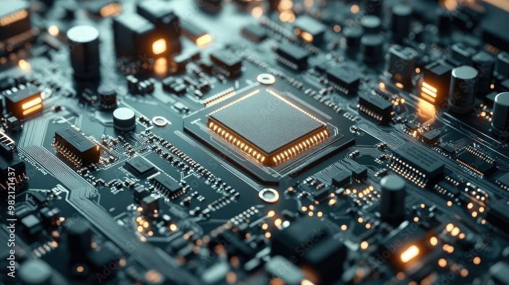 High-detail view of a wireless audio circuit board, displaying chips and traces on a white background, perfect for technology imagery. High-detail view of a wireless audio circuit board, displaying chips and traces on a white background, perfect for technology imagery.