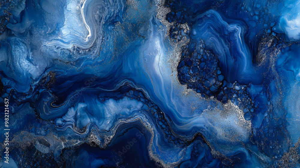 Obraz premium Fluid alcohol ink art featuring bold hues of deep blue and silver, with organic swirling patterns and marbled textures.