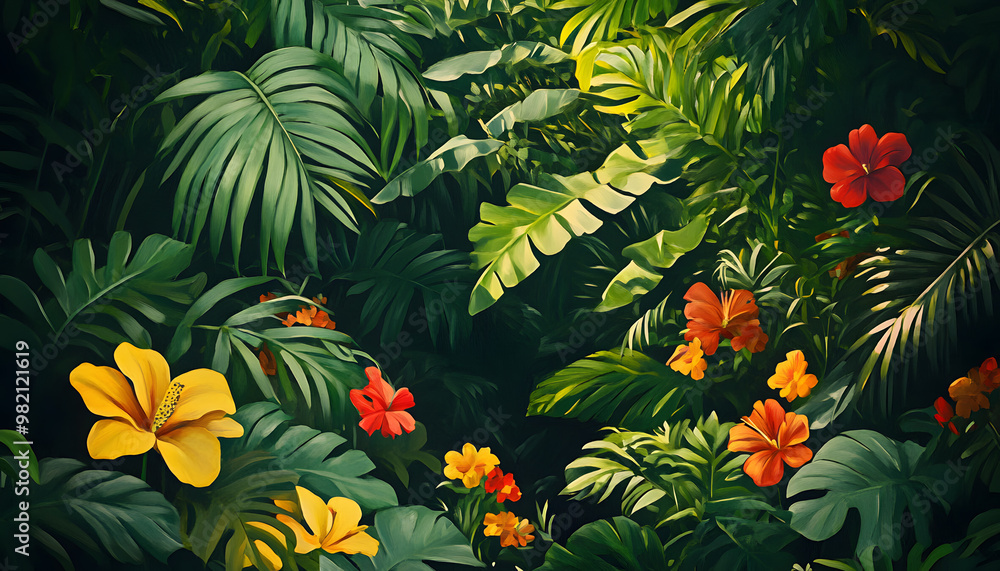 A lush jungle scene with vibrant green leaves and exotic flowers, bringing the warmth of the tropics to your screen A lush jungle scene with vibrant green leaves and exotic flowers, bringing the warmth of the tropics to your screen