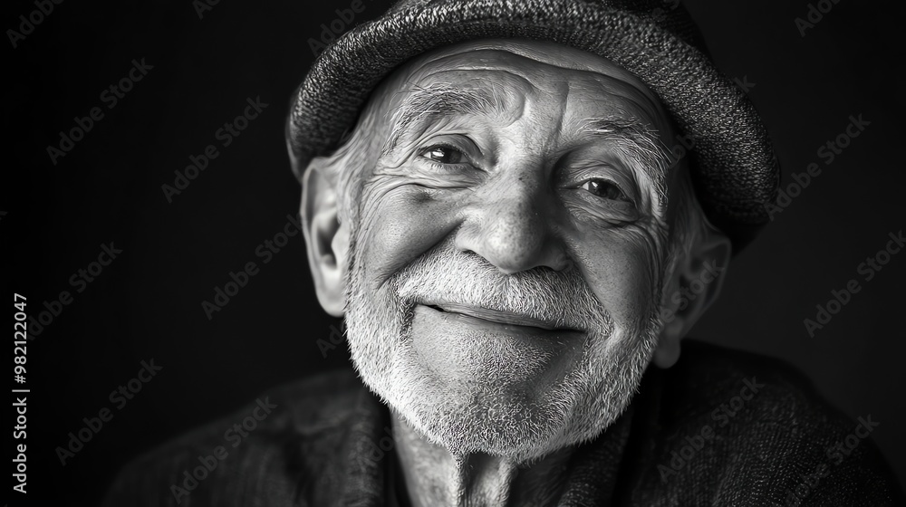 A black and white portrait of a happy, elderly man wearing a hat. A black and white portrait of a happy, elderly man wearing a hat.