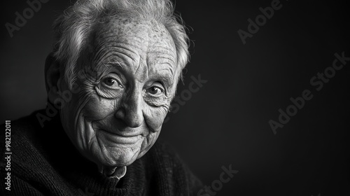 A close-up black and white portrait of a smiling, elderly man.