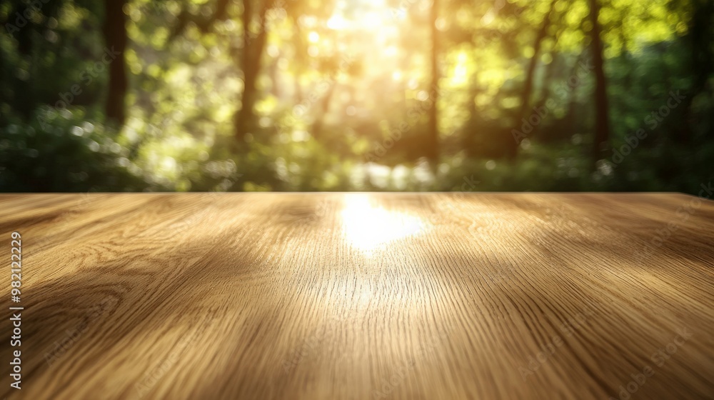 Wooden table surface with blurred forest background under warm sunlight, perfect for product display or nature-themed designs. Wooden table surface with blurred forest background under warm sunlight, perfect for product display or nature-themed designs.