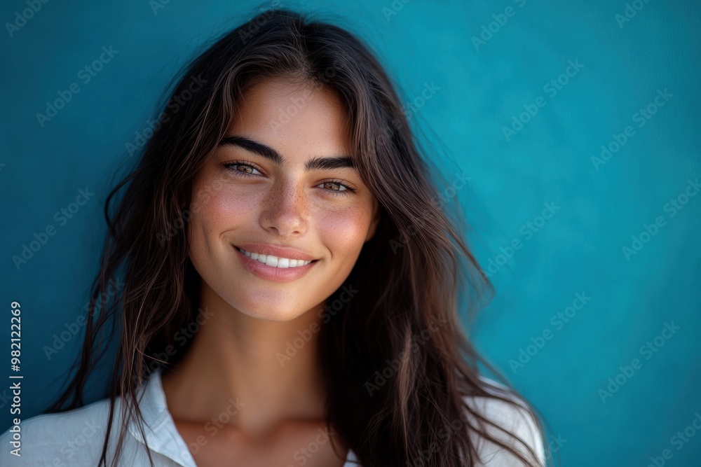 A Cute Caucasian woman with a radiant smile and white shirt stands confidently against a turquoise background, her charm and beauty shining through. A Cute Caucasian woman with a radiant smile and white shirt stands confidently against a turquoise background, her charm and beauty shining through.