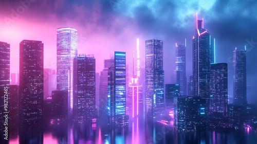 A futuristic cityscape at night, illuminated with neon lights.