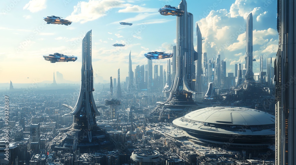 Futuristic city with flying cars and towering skyscrapers in the clouds. Futuristic city with flying cars and towering skyscrapers in the clouds.