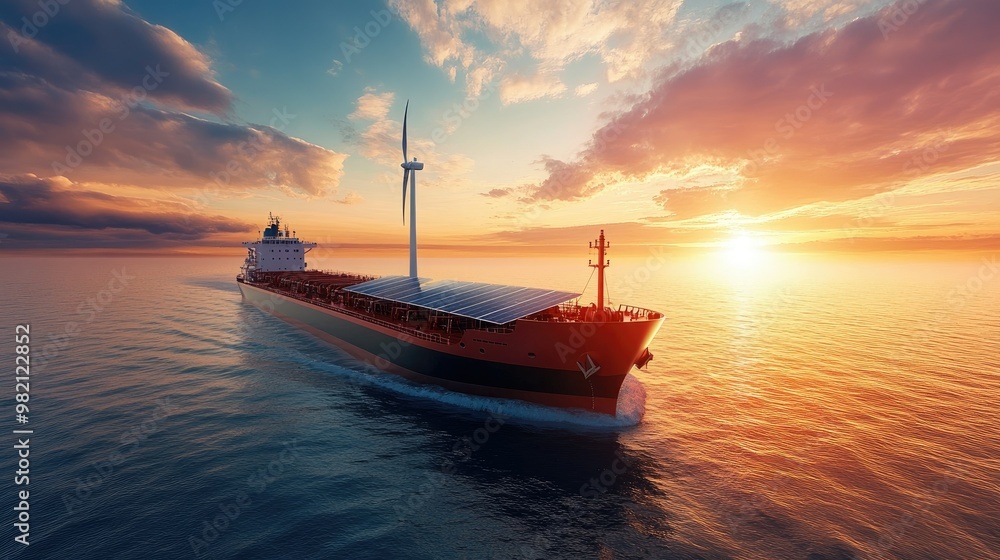 Naklejka premium Hybrid cargo ship with solar panels and wind turbines, cruising through international waters, promoting sustainable maritime transport with clean energy