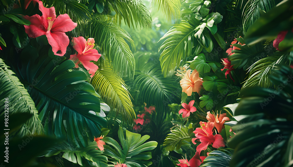 A lush jungle scene with vibrant green leaves and exotic flowers, bringing the warmth of the tropics to your screen A lush jungle scene with vibrant green leaves and exotic flowers, bringing the warmth of the tropics to your screen