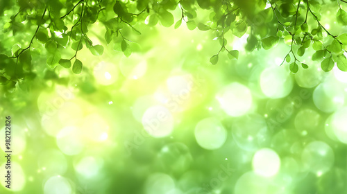 Green Leaf Branches Overlaying a Blurred Abstract Background of Soft, Circular Green Lights