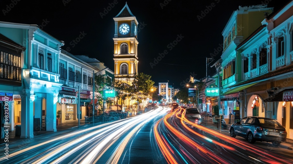 Obraz premium Iconic clock tower of Phuket Old Townaes Sino-Portuguese district at night, with long exposure capturing the dynamic movement of vehicle light trails around the heritage site.
