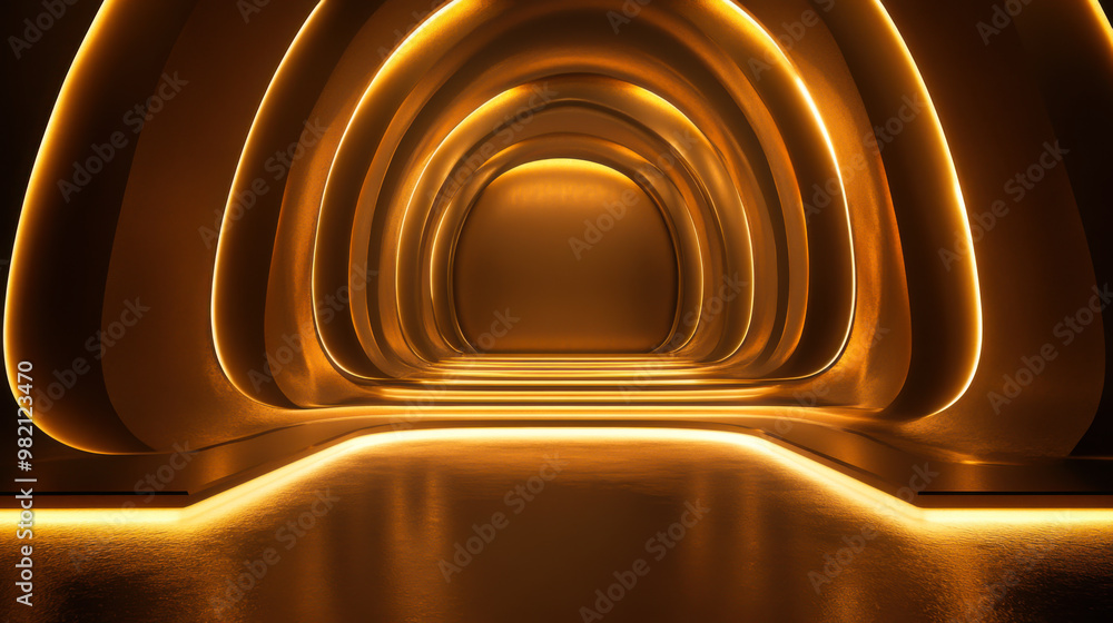 Naklejka premium Modern golden corridor illuminated with soft lighting creates a futuristic atmosphere for artistic showcases