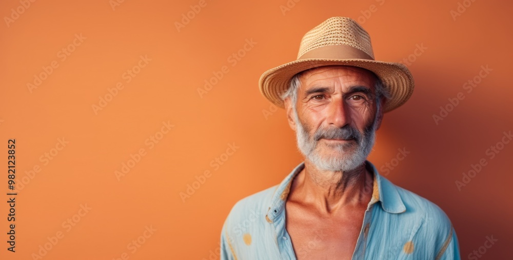 A man wearing a straw hat and a blue shirt is smiling at the camera A man wearing a straw hat and a blue shirt is smiling at the camera