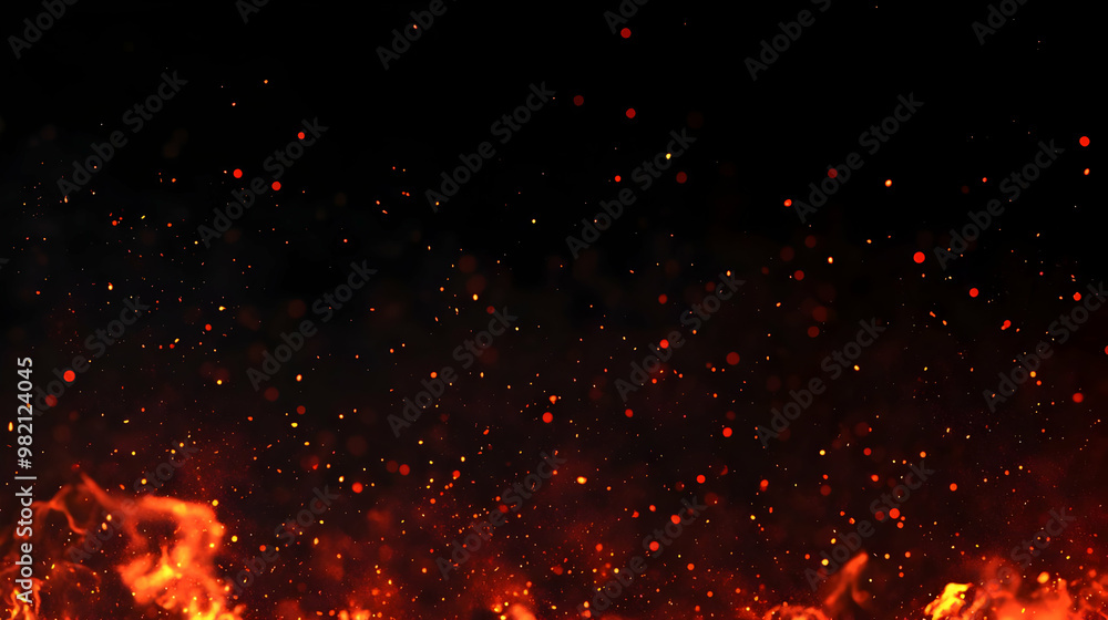 Abstract Background of Fiery Red Sparks Rising Upward Against a Dark Background