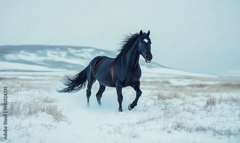 A black horse is running through a snowy field A black horse is running through a snowy field