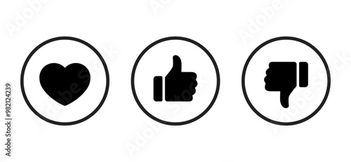 Love, like, and dislike icon on circle line. Heart, hand thumb up and down sign symbol