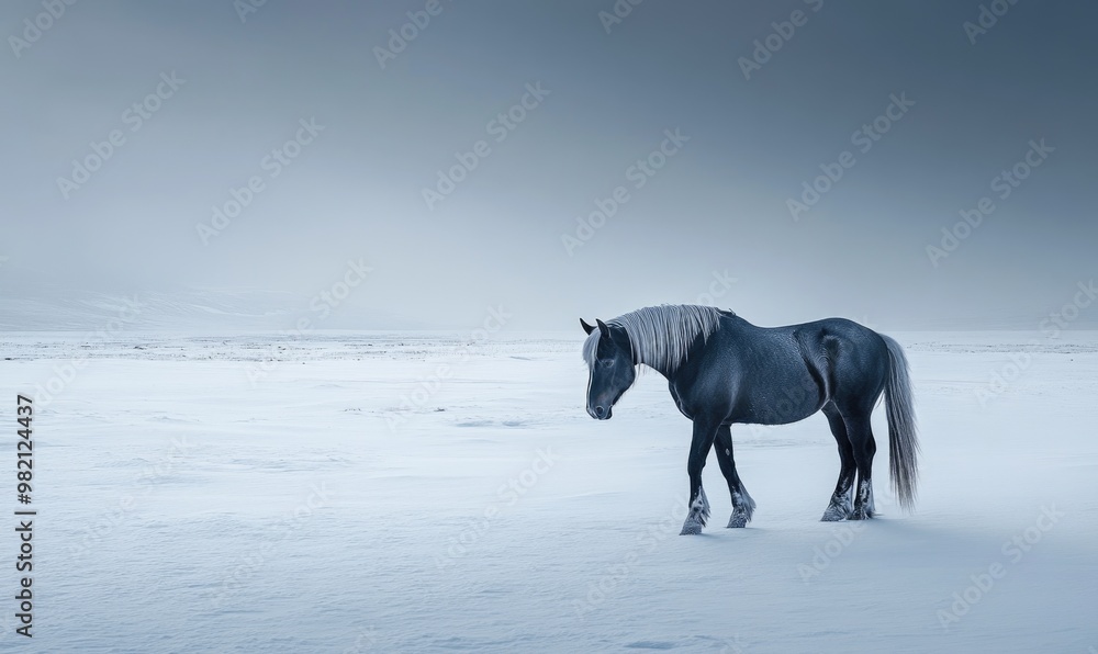 A horse is standing in the snow in a field A horse is standing in the snow in a field