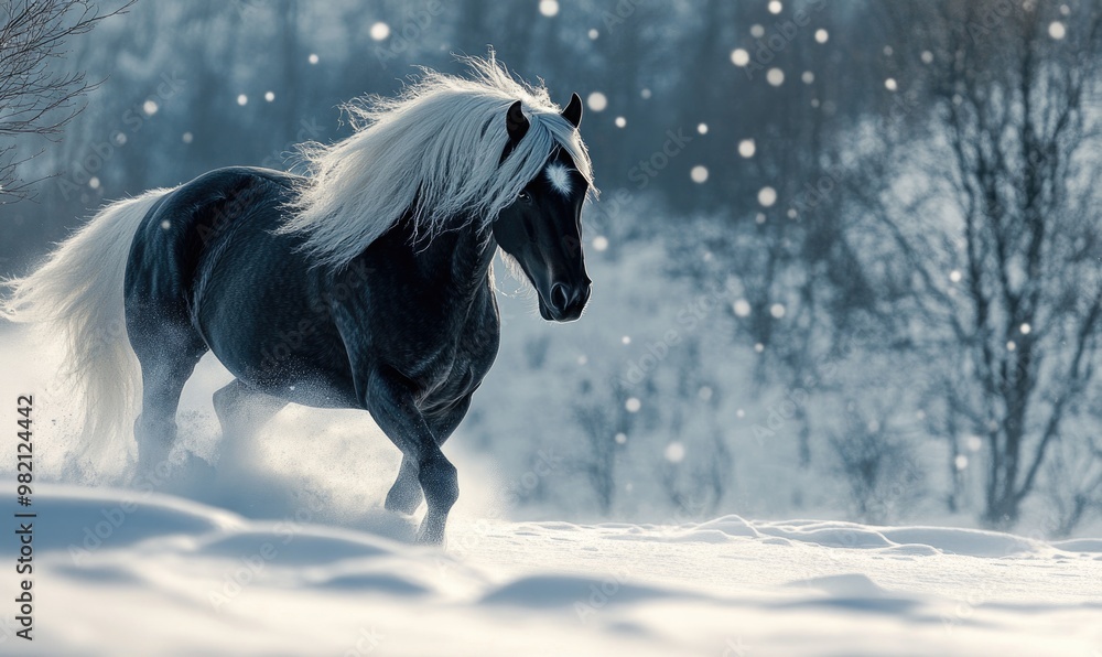 Fototapeta premium A horse with white mane and tail is running through the snow