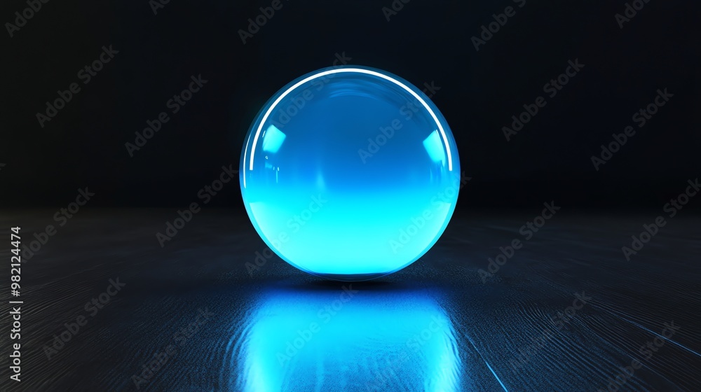 A glowing blue orb rests on a dark surface, casting a reflective blue light. A glowing blue orb rests on a dark surface, casting a reflective blue light.