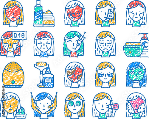 facial skin care and treatment doodle icons set vector. sketch line art couperose and acne face skin problem, massage and laser lifting beauty spa salon procedure. toner and color illustrations