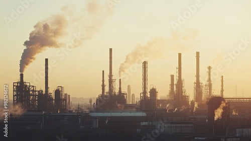 Industrial refinery complex with crude oil tanks and distillation towers, steam rising from chimneys, pipelines crisscrossing the site, against a clear sky