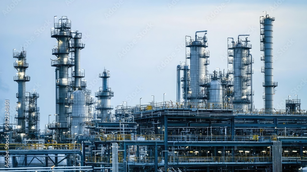 Industrial refinery plant with chemical processing equipment and large storage tanks, showcasing a background of industrial infrastructure Industrial refinery plant with chemical processing equipment and large storage tanks, showcasing a background of industrial infrastructure