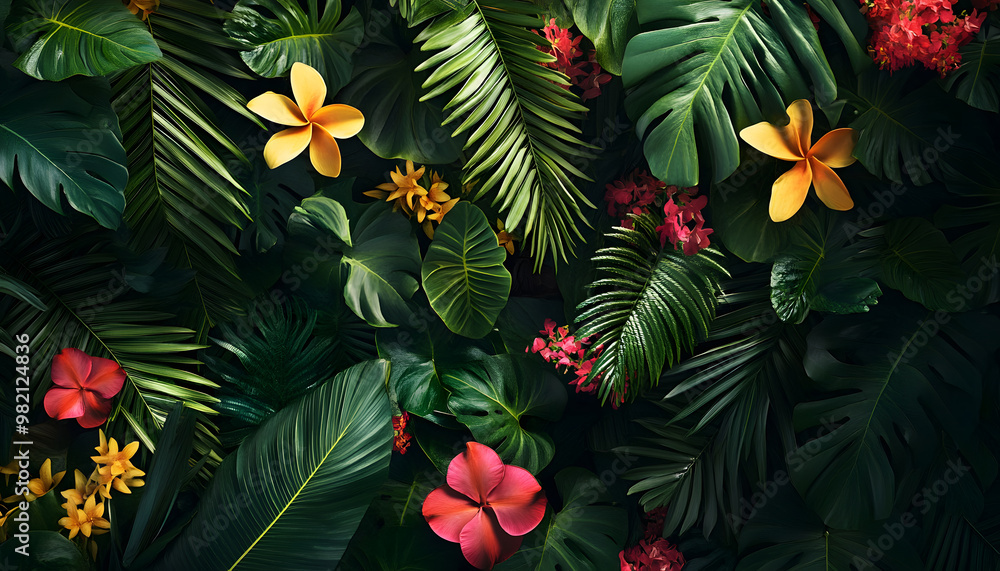 A lush jungle scene with vibrant green leaves and exotic flowers, bringing the warmth of the tropics to your screen A lush jungle scene with vibrant green leaves and exotic flowers, bringing the warmth of the tropics to your screen