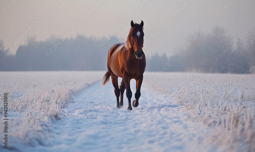 A horse is running through a snowy field A horse is running through a snowy field