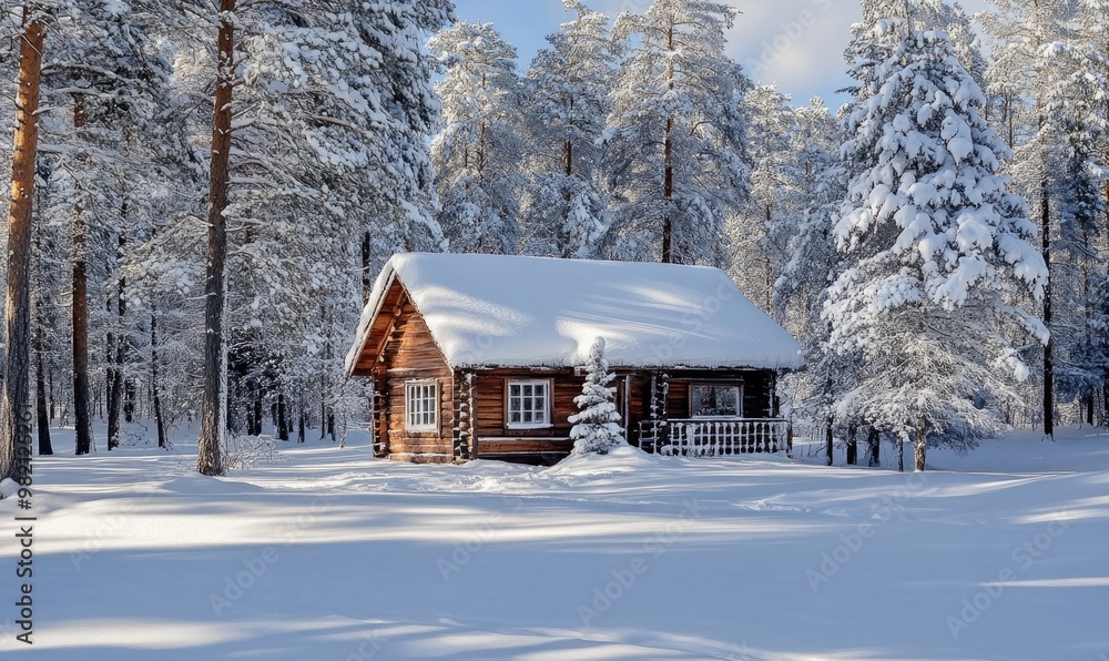 A small cabin in the woods is covered in snow A small cabin in the woods is covered in snow