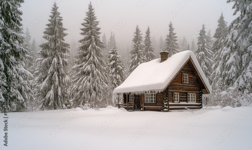 A small cabin in the woods is covered in snow A small cabin in the woods is covered in snow