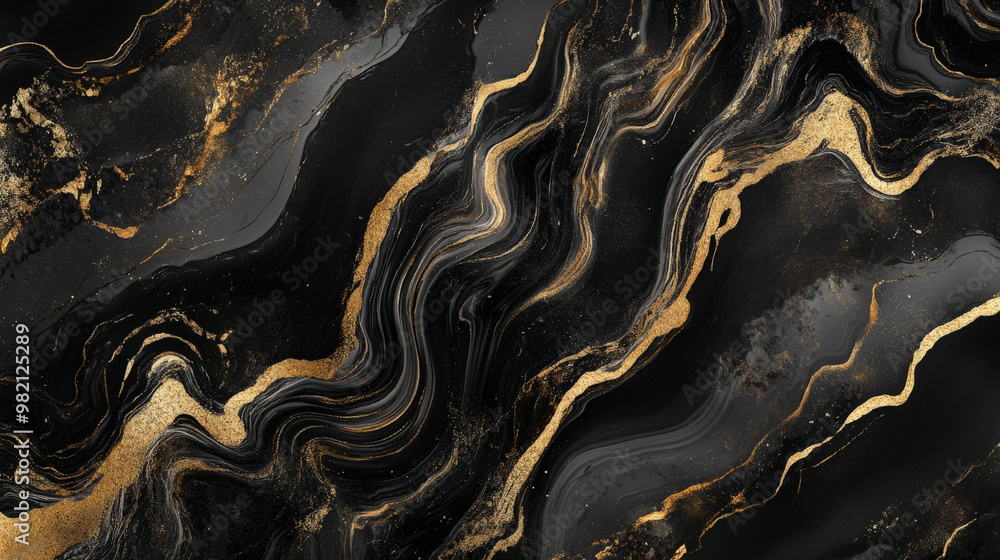 Realistic liquid marble in deep onyx black with bold flowing gold veins, creating a high-end, dramatic abstract background with rich fluid textures. Realistic liquid marble in deep onyx black with bold flowing gold veins, creating a high-end, dramatic abstract background with rich fluid textures.