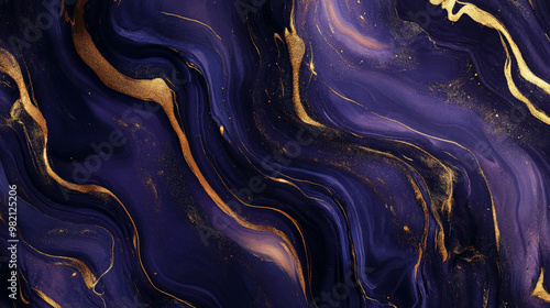 Wallpaper Mural Liquid marble design with deep purple and bold golden veins, creating a rich and opulent background with smooth, flowing textures. Torontodigital.ca